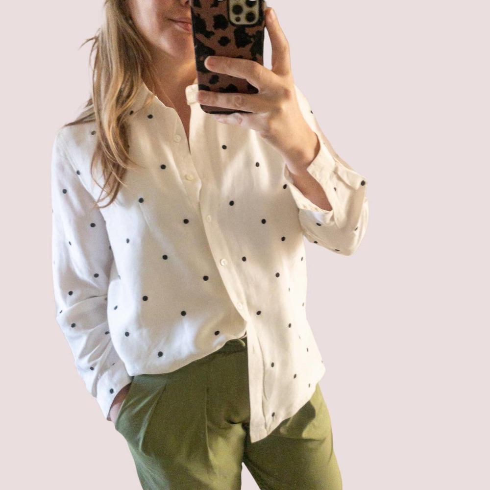 SilkLand White Button-Down Shirt with Black Polka Dots - 100% Silk Shell